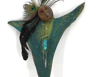 Signed Mixed Media Clay  Peacock Feather Wall Art Sculpture