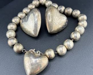 Vintage Unmarked Sterling Hollow Heart Bracelet and Clip Earrings 24g