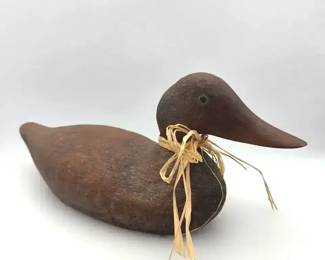 Vintage Folk Art Wooden Duck Decoy Figurine with Raffia