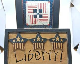 USA Patriotic Wall Decor Set  Liberty Plaque  American Flag Shadow Box