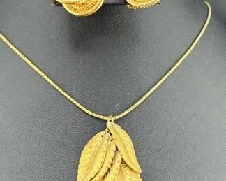 Vintage Napier Gold Tone Leaf Necklace 18in and Twisted Knot Earrings