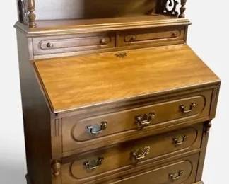 Vintage Eastlake Style Walnut Drop Front Secretary Desk  Hutch Cabinet L35 x W 20 x H 55 in