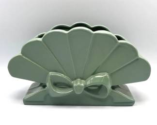 Vintage Abingdon USA Sage Green Fan Vase with Bow Art Pottery Planter