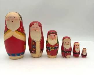 Vintage ME Ink Christmas Santa Wooden Nesting Dolls Set of 6 Hand Painted