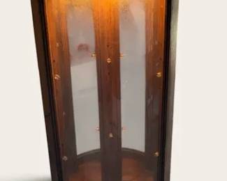 Vintage Wood and Curved Glass Corner Curio Cabinet with Light Inside