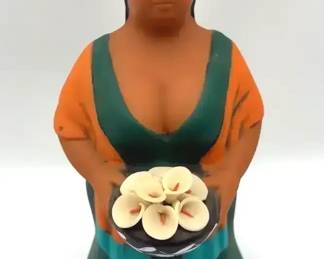 Vintage Mexican Folk Art Clay Woman Figurine Holding Calla Lilies Basket