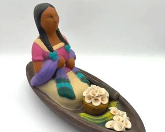 Vintage HandPainted Ceramic Folk Art Figurine Depicting a Woman in a Flower Boat or Chalupa
