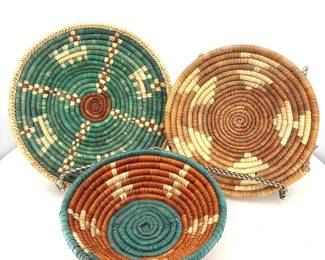 Vintage Southwestern Style Hand Woven Coiled Basket Wall Art Lot  3pc