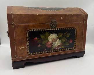 Vintage Wooden and LeatherTrimmed Floral Storage Chest
