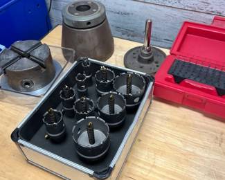 Grinding Wheel, Small Metal Lathe Chuck, Hole Saw Cutter Set and Steel Pin Gage Set