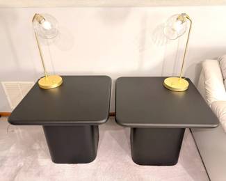 Two Modern Black End Tables and Gold Lamps