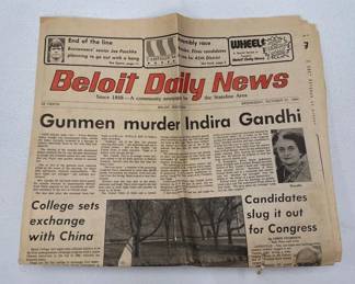 Original 1984 Indira Gandhi Assassination Newspaper Beloit Daily News Historic Headline