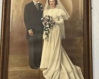 Vintage 1940s HandTinted Bride Groom Wedding Portrait in Decorative Wood Frame
