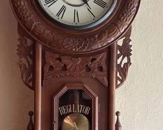 Ornate Carved Wood Regulator Pendulum Wall Clock  Roman Numerals  Floral Details