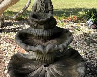 Large ThreeTier Cast Stone Garden Fountain with Seated Child Figure  Ornate Floral Basins