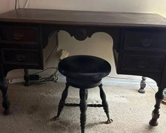 Vintage Dark Wood 4Drawer Writing Desk with Turned Legs  Round Upholstered Stool