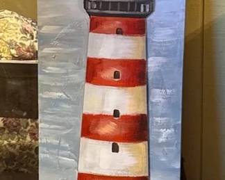 Large Coastal Lighthouse Mixed Media Canvas Wall Art with 3D Raised Seashell  Rock Details