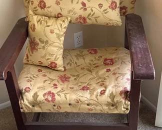 Vintage MissionStyle Wooden Armchair with Floral Upholstery  Matching Pillows