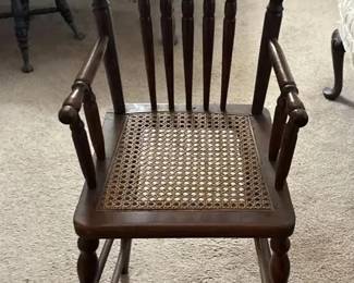 Vintage Wooden Childs High Chair with Carved Spindle Back, Cane Seat  Footrest