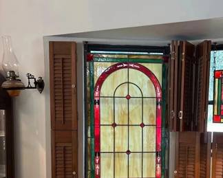 Large VictorianStyle Leaded Stained Glass Window Panel  Ruby Red, Green  Amber Glass