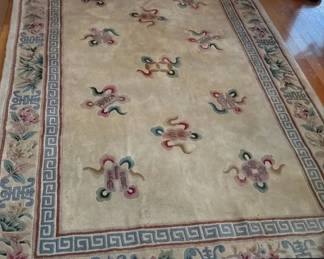 Vintage ChineseStyle Floral Area Rug with Greek Key Border  Fringe Ivory Pastel Design 9x6 Ft Rug