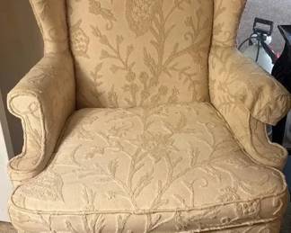 Vintage Queen Anne Style Wingback Armchair with Cream Floral Damask Upholstery  ClawandBall Feet