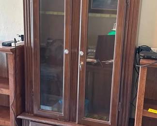 Vintage Wood Gun Display Cabinet with Glass Doors, Lock  Lower Storage