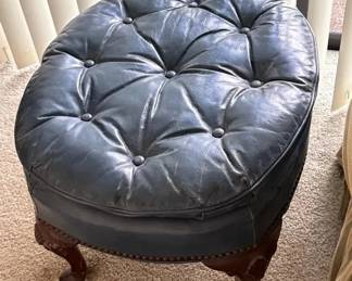 Vintage Oval ButtonTufted LeatherStyle Ottoman with Carved Wood Cabriole Legs