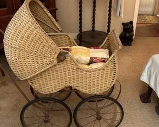 Vintage Wicker Baby Carriage Pram with Folding Canopy  Large Spoked Wheels
