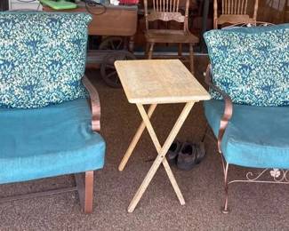 Pair of Decorative Metal Patio Lounge Chairs with Teal Cushions  Accent Pillows