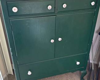 Vintage Cottage Style Painted Green Wooden Cabinet with Porcelain Floral Knobs