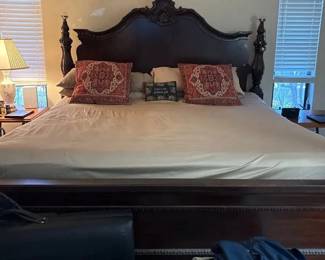 Grand KingSize Ornate Carved Wood Bed Frame with Tall Headboard, Decorative Posts  Footboard