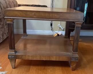 2 Traditional Wood Rectangular End Table with Lower Shelf, Column Legs  Decorative Accents