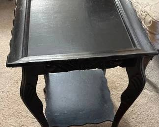Vintage Black Painted Wood Accent Side Table with Carved Cabriole Legs  Lower Shelf