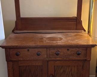 Antique Mission Oak Washstand Dry Sink Cabinet with Towel Bar, Two Drawers  Lower Storage