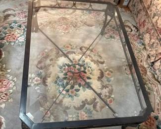 Ornate Wrought Iron  Glass Top Coffee Table with Lion Head Medallions and Scrollwork