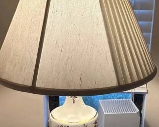 Elegant White Porcelain Table Lamp W Gold Floral Accents, Pleated Shade  Crystal Finial