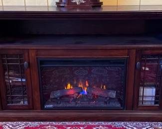 Electric Fireplace with Dark Wood Mantel, Glass Side Cabinets  Realistic Flame