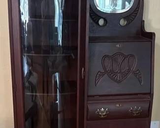 Antique Victorian Art Nouveau Carved Wood Secretary Desk with Curved Glass Display Cabinet  Mirror