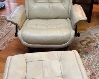 Cream Leather Swivel Recliner Lounge Chair with Matching Ottoman Tufted Upholstery