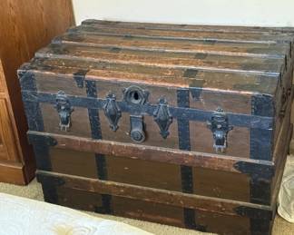 Antique Steamer Trunk with Wood Slat Reinforcements, Black Metal Hardware  Original Latches