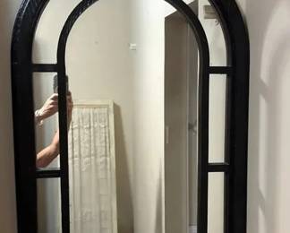 Large Black Arched Windowpane Wall Mirror with Decorative WoodStyle Frame