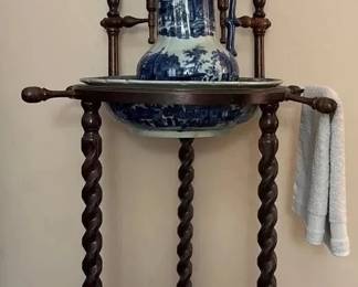 VictorianStyle Barley Twist Washstand with Oval Mirror  Blue and White Pitcher and Basin Set