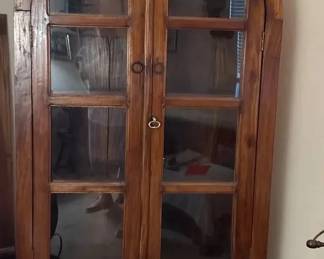 Rustic Solid Wood Arched Glass Door Display Cabinet with 2 Drawers  Spanish Colonial Style
