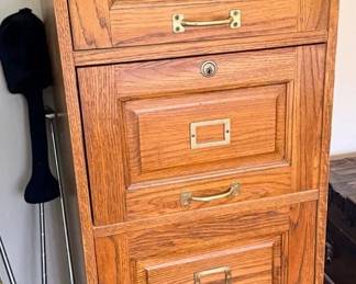 Vintage Oak 4Drawer Locking File Cabinet with Brass Hardware  Label Holders