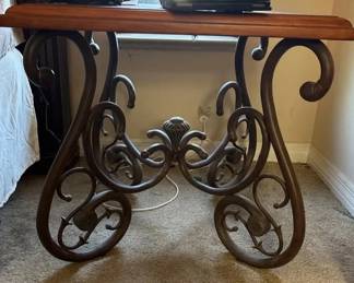 Pair of Decorative Wood  Wrought Iron Scrollwork Nightstands Accent Tables
