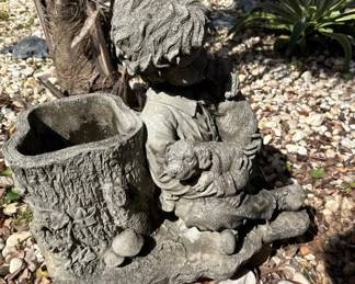 Vintage Cast Stone Child with Puppies  Tree Stump Garden Planter Statue