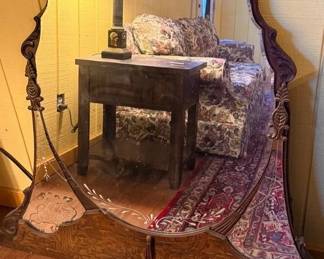 Antique Ornate Carved Oak Mirror with Etched Floral Glass  Original Aged Patina