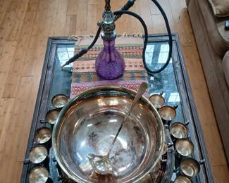 Hookah, silverplate punch bowl, tray and ladle with lots of cups