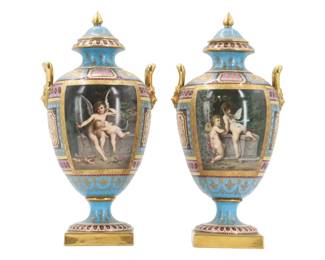 Lot 1630 Pair of Antique Austrian Royal Vienna Porcelain HandPainted Covered Urns